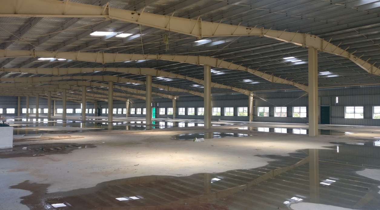 Warehouse interior with steel columns and roof trusses